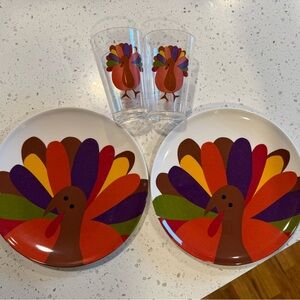 Colorful Turkey Plates and Glasses Set